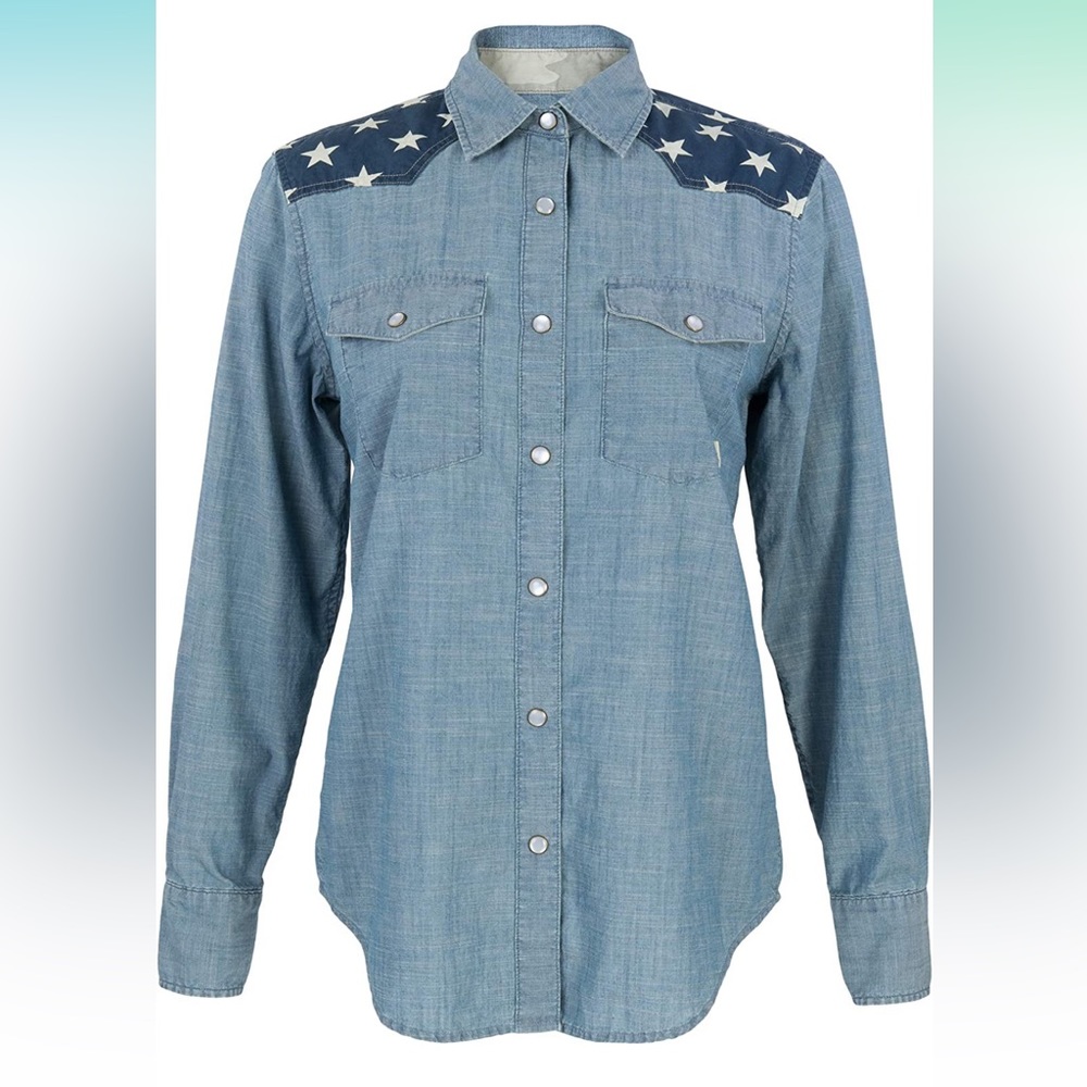 Blue Star-Accent Denim Button-Down Shirt - Picture 4 of 5